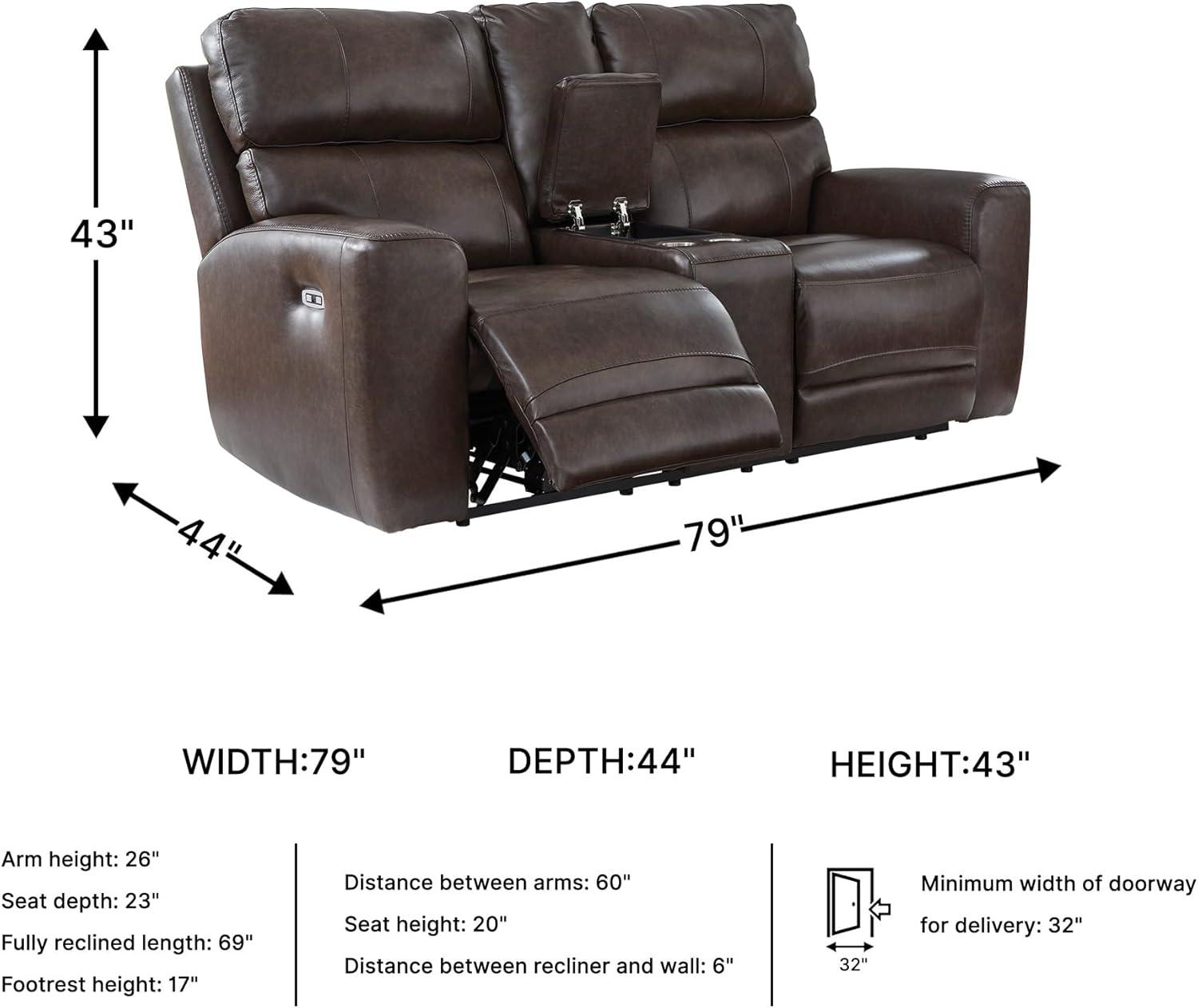 imageSignature Design by Ashley Side Step Modern Leather Match Power Reclining Loveseat with Console Adjustable Headrest USB Ports and 2 Cup Holders Dark Brown
