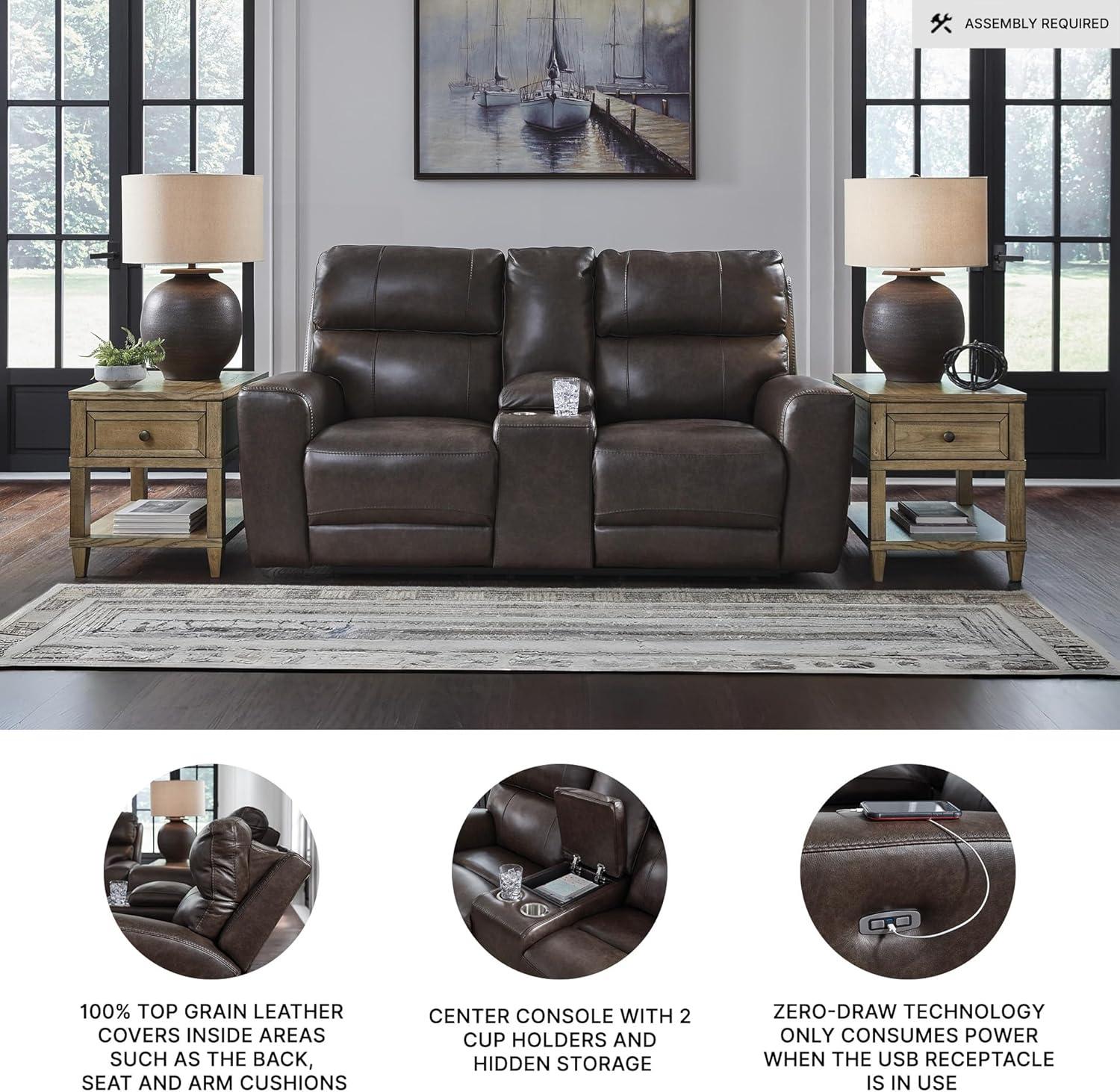 imageSignature Design by Ashley Side Step Modern Leather Match Power Reclining Loveseat with Console Adjustable Headrest USB Ports and 2 Cup Holders Dark Brown