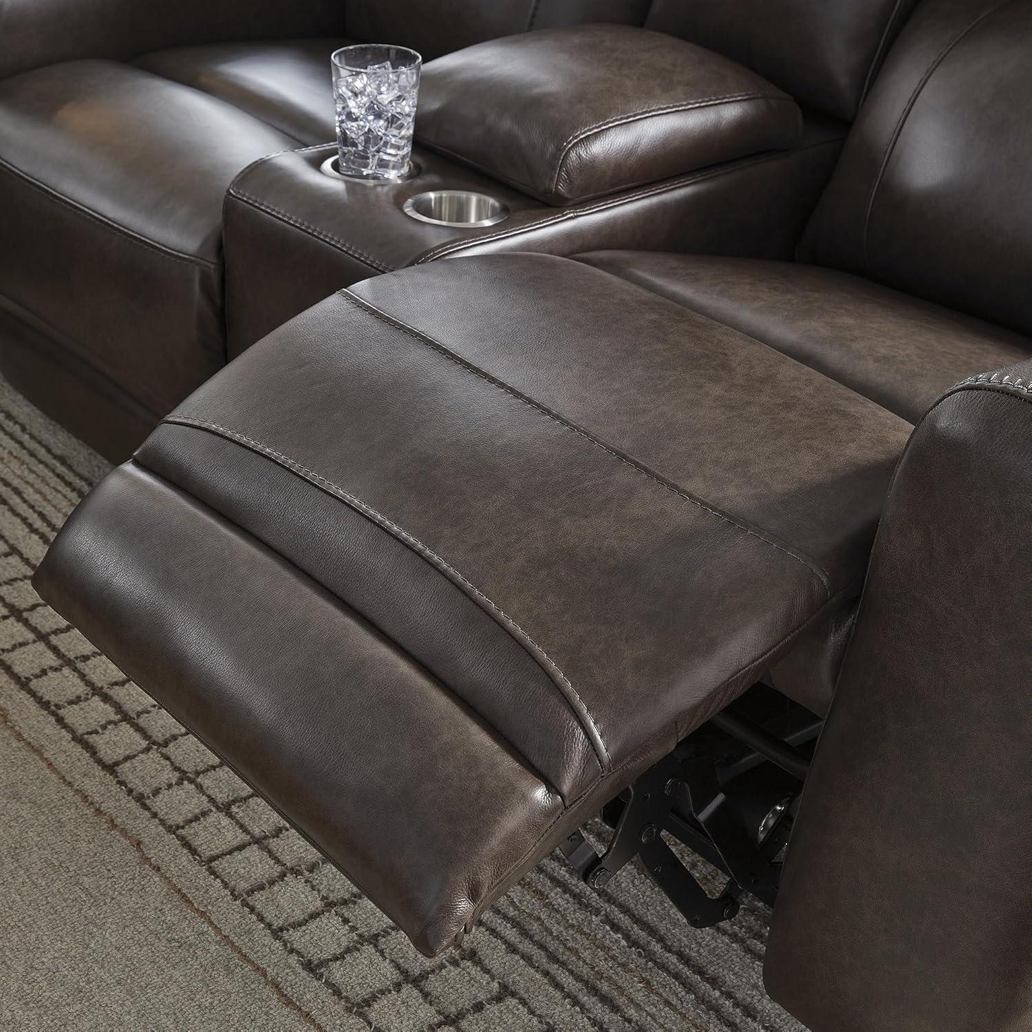 imageSignature Design by Ashley Side Step Modern Leather Match Power Reclining Loveseat with Console Adjustable Headrest USB Ports and 2 Cup Holders Dark Brown
