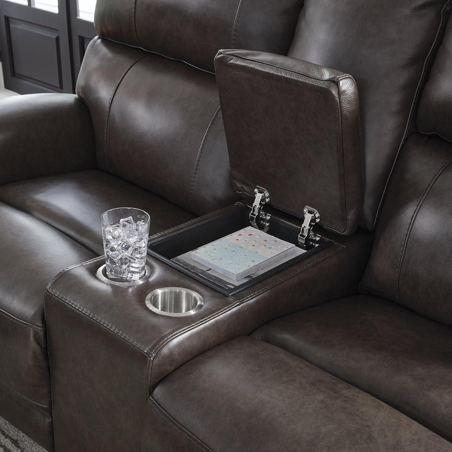 imageSignature Design by Ashley Side Step Modern Leather Match Power Reclining Loveseat with Console Adjustable Headrest USB Ports and 2 Cup Holders Dark Brown