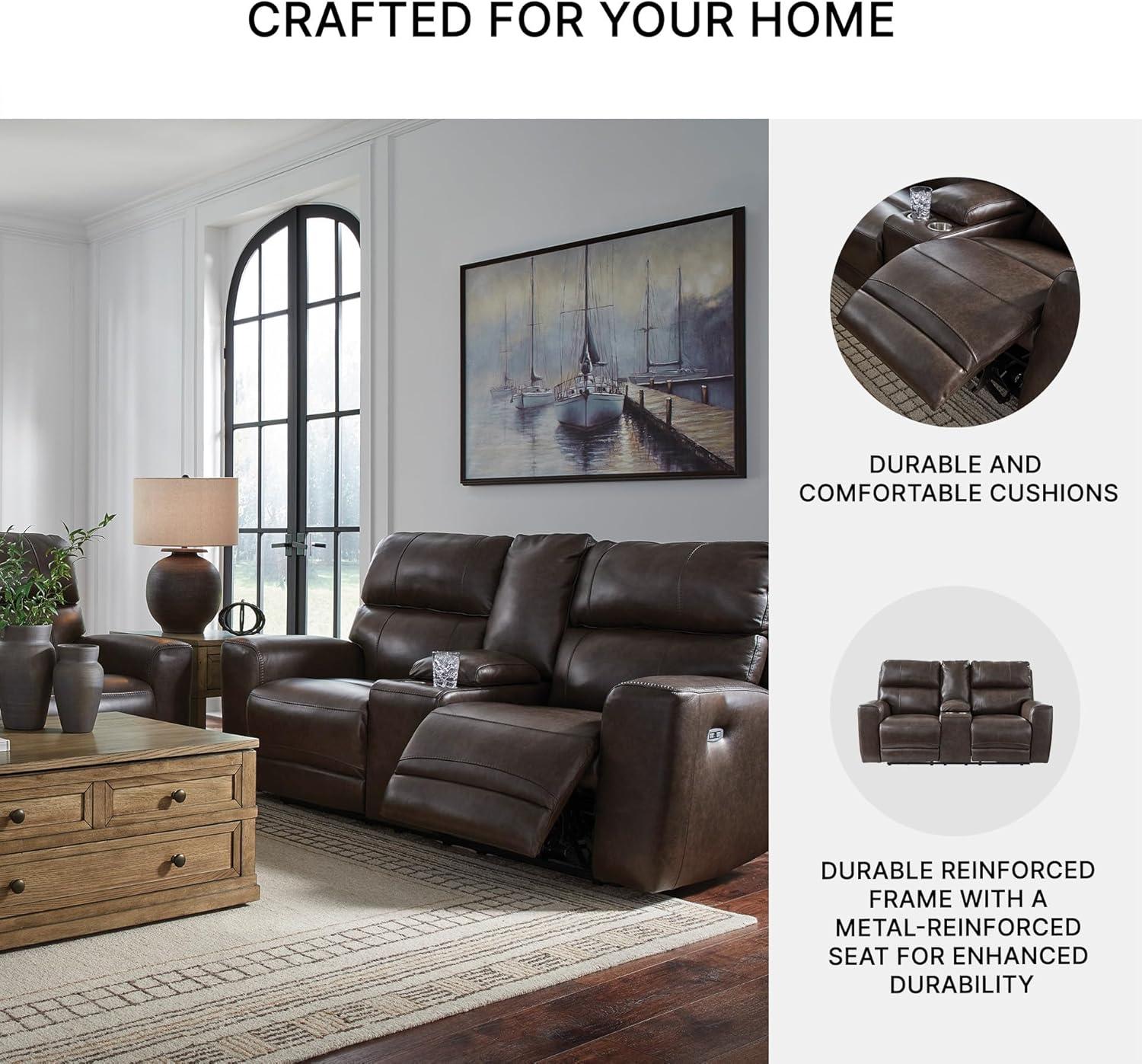 imageSignature Design by Ashley Side Step Modern Leather Match Power Reclining Loveseat with Console Adjustable Headrest USB Ports and 2 Cup Holders Dark Brown