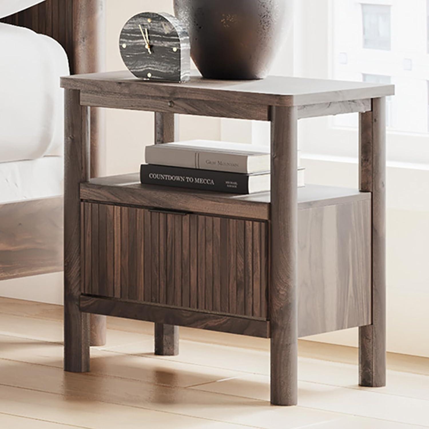 imageSignature Design by Ashley Symarro MidCentury Modern 1Drawer Nightstand with USB Ports LED Lighting and Open Shelf Dark Brown