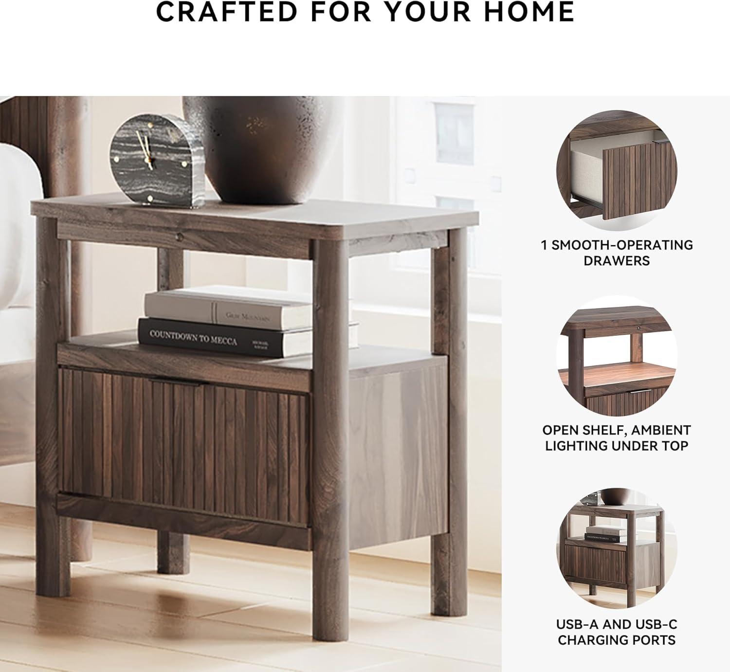 imageSignature Design by Ashley Symarro MidCentury Modern 1Drawer Nightstand with USB Ports LED Lighting and Open Shelf Dark Brown