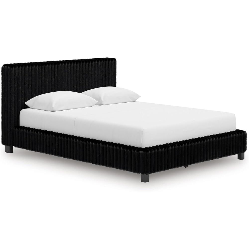 imageSignature Design by Ashley Birmonton Glam Upholstered Panel Platform Bed Foundation or Box Spring Not Needed King WhiteBlack