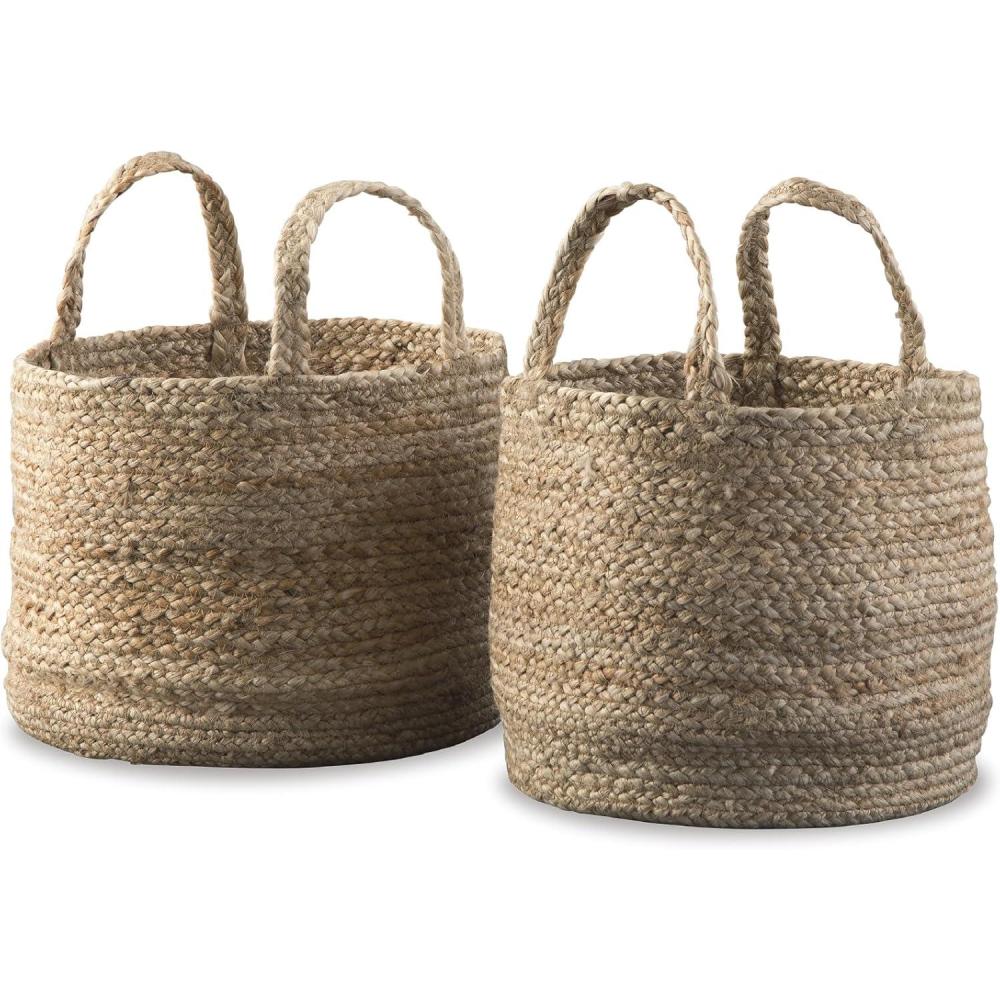 imageSignature Design by Ashley Brayton Jute 2 Piece Braided Basket Set With Handles Large Basket 14 W x 14 D x 11 H Medium Basket 12 W x 12 D x 10 H Light BrownNatural
