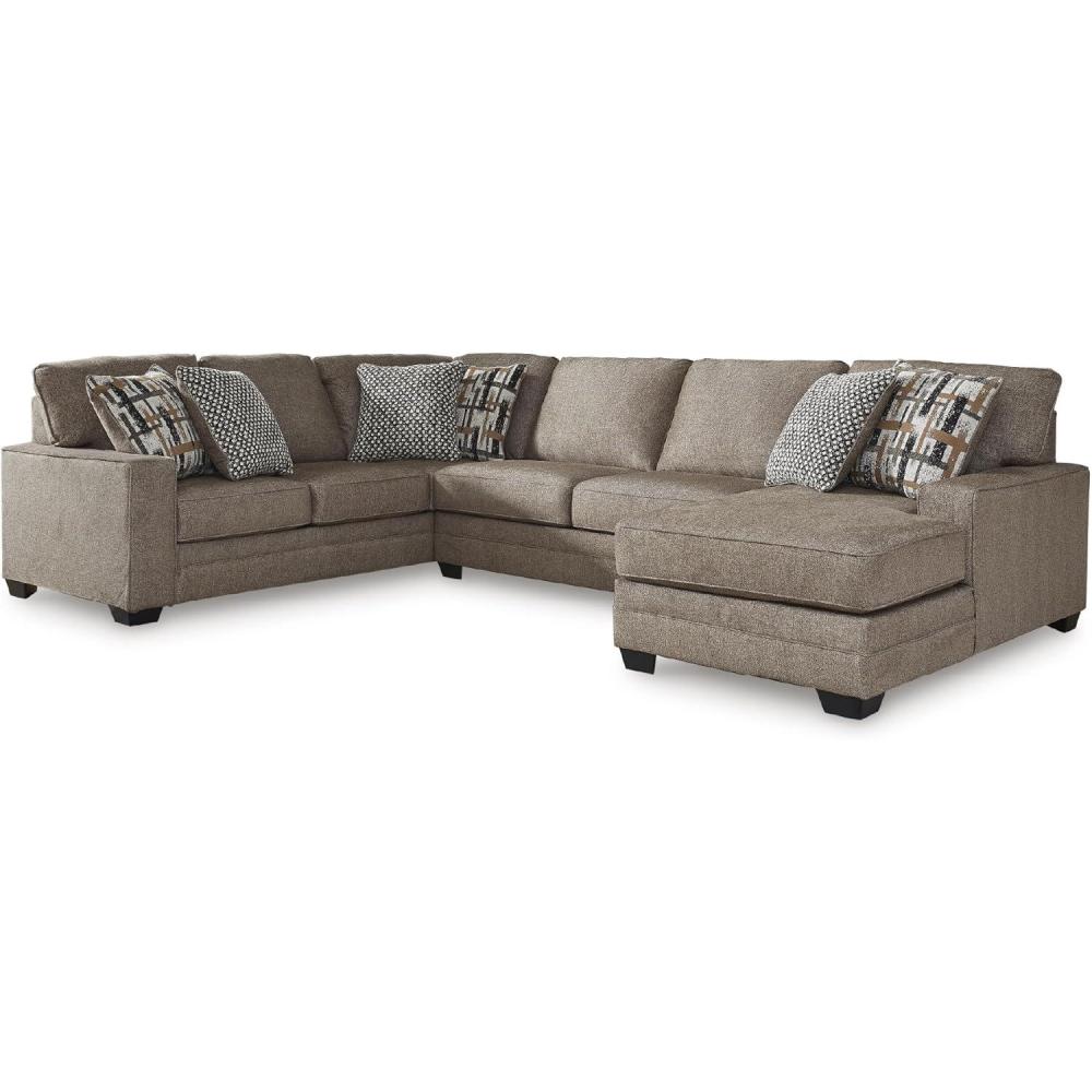 imageSignature Design by Ashley Cannonbrook Transitional UShaped RightArm Facing 3Piece Sectional with Chaise Loose Seat Cushions and 6 Accent Pillows Dark BrownRight Hand Facing