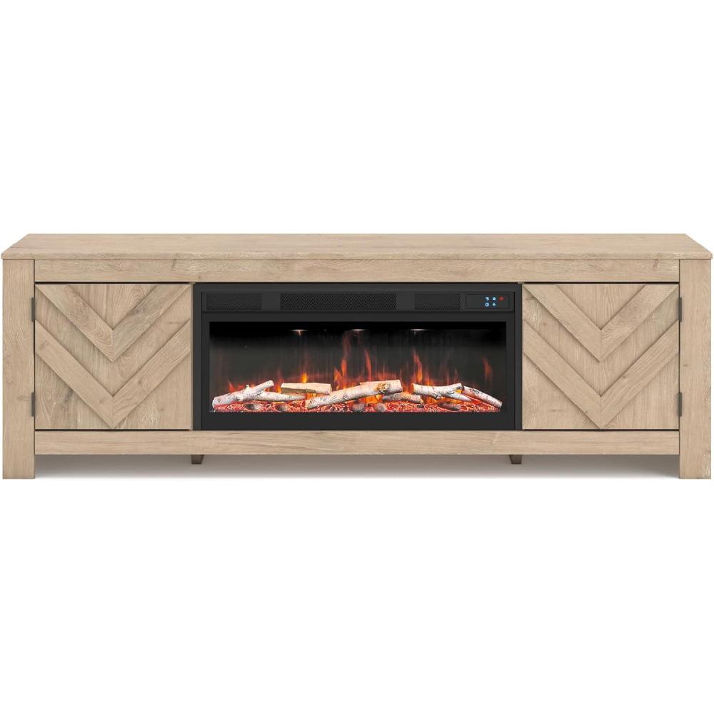 imageSignature Design by Ashley Cayboni Casual 71 TV Stand with Electric Fireplace for TVs up to 81 WhitewashLight Brown