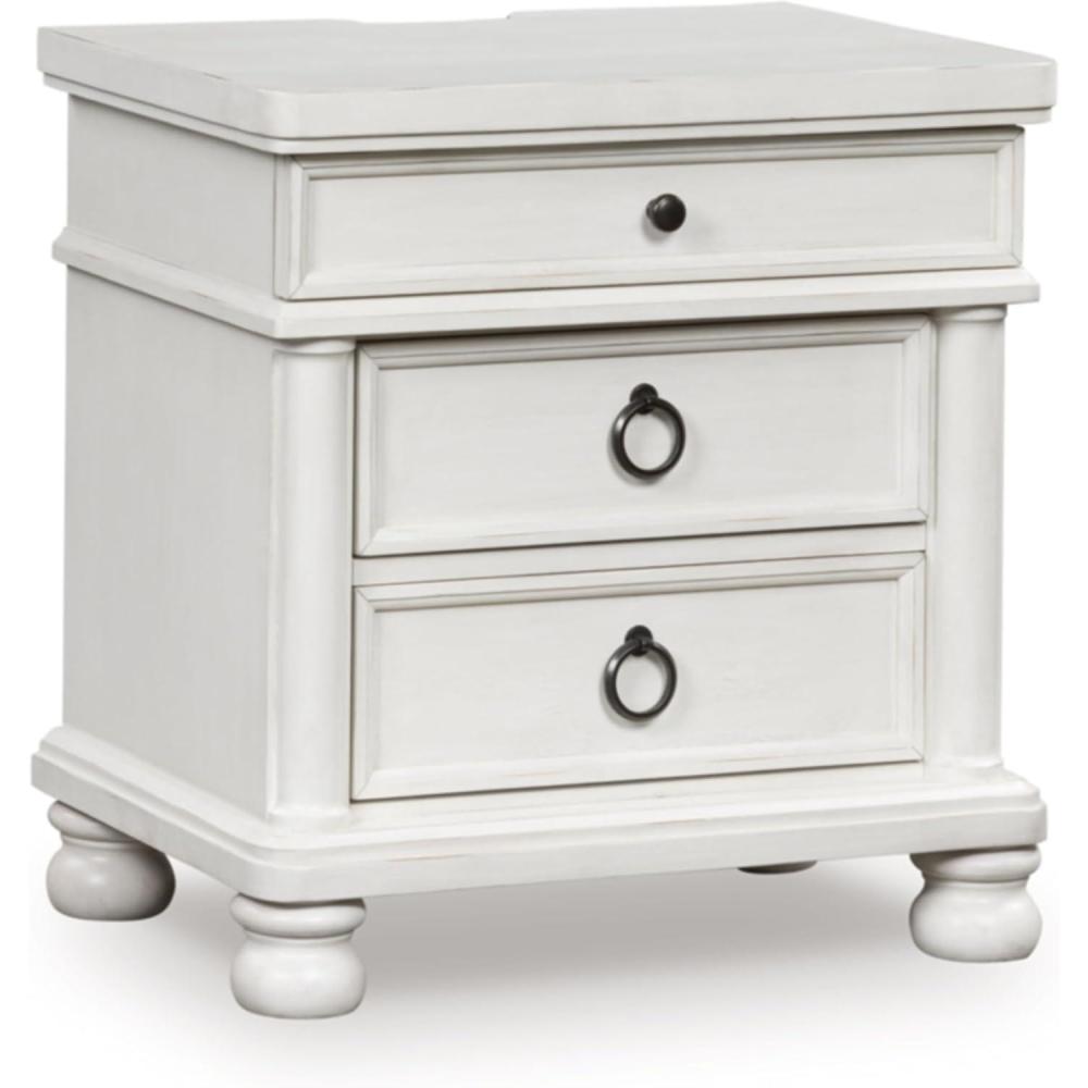 imageSignature Design by Ashley Chadworth Traditional Nightstand with 3 Drawers USBA and USBC Charging Wood 27 W x 1813 D x 2738 H Antiqued WhiteAntique White
