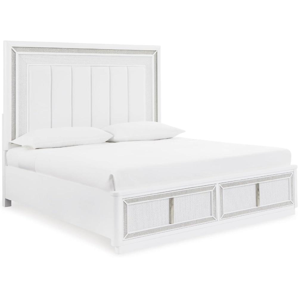 imageSignature Design by Ashley Chalanna Glam Faux Leather 2Drawer King Upholstered Storage Bed with LED Lighting Foundation or Box Spring Not Needed WhiteKing Upholstered Storage Bed