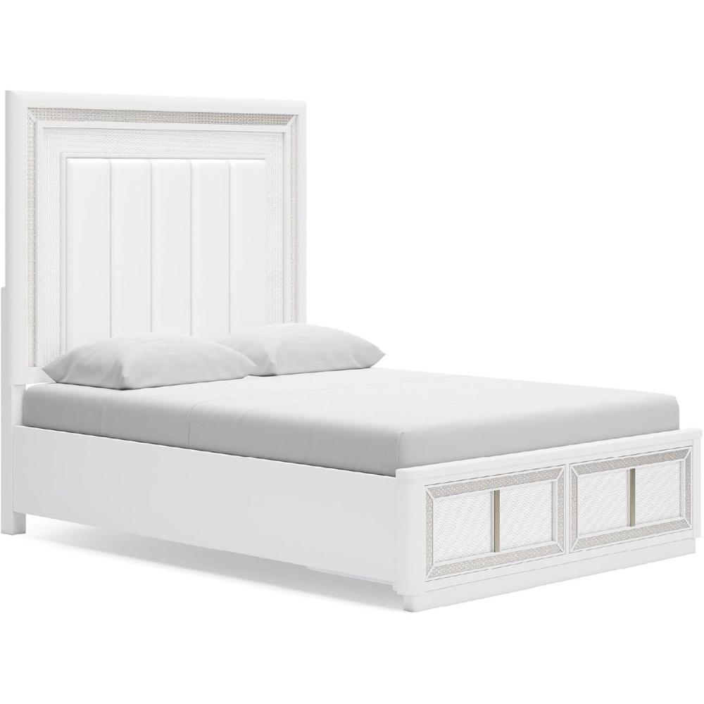 imageSignature Design by Ashley Chalanna Glam Faux Leather 2Drawer King Upholstered Storage Bed with LED Lighting Foundation or Box Spring Not Needed WhiteQueen Upholstered Storage Bed