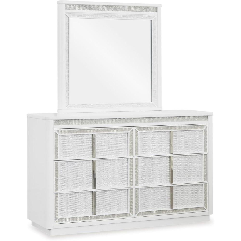 imageSignature Design by Ashley Chalanna Glam Faux Leather 2Drawer King Upholstered Storage Bed with LED Lighting Foundation or Box Spring Not Needed WhiteGlam