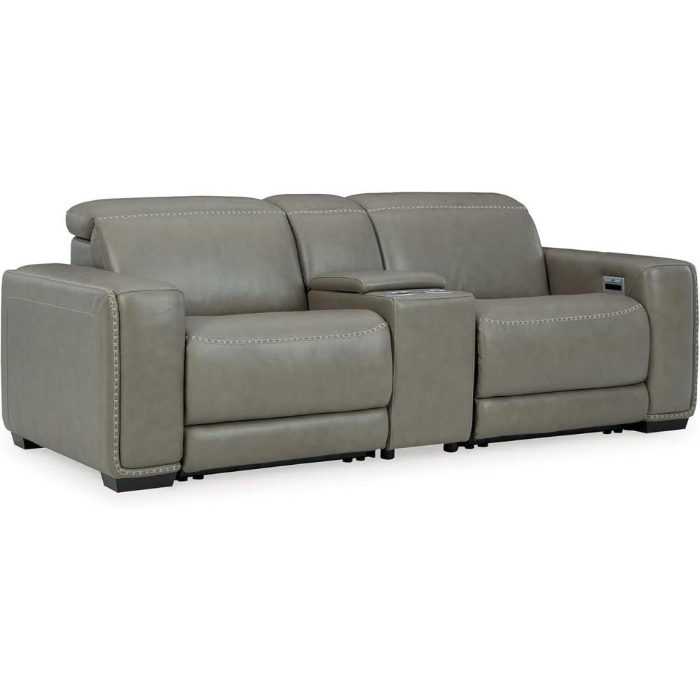 imageSignature Design by Ashley Correze Contemporary Leather Match 3Piece Power Reclining Sectional Loveseat with Adjustable Headrest USB Ports Console Storage and 2 Cup Holders Light Gray3Piece Power Reclining Sectional Loveseat