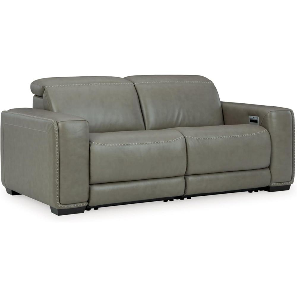 imageSignature Design by Ashley Correze Contemporary Leather Match 3Piece Power Reclining Sectional Loveseat with Adjustable Headrest USB Ports Console Storage and 2 Cup Holders Light GrayReclining Loveseat