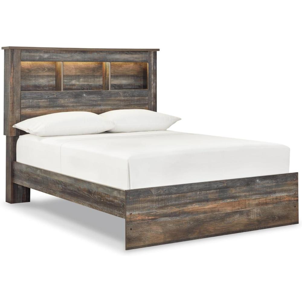 imageSignature Design by Ashley Drystan Rustic Queen Bookcase Bed with 4 Storage Drawers Open Cubbies and LED Light Foundation or Box Spring Not Needed Dark Brown amp GrayFull