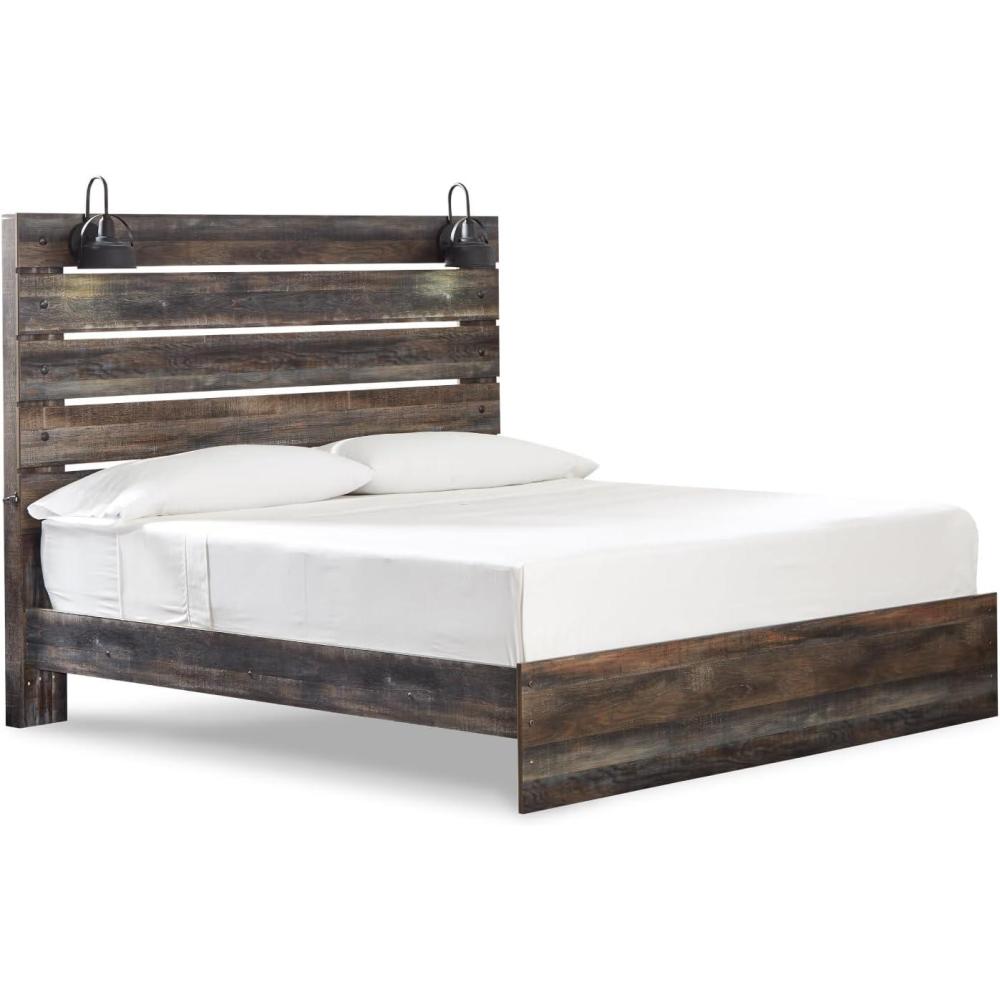 imageSignature Design by Ashley Drystan Rustic Queen Bookcase Bed with 4 Storage Drawers Open Cubbies and LED Light Foundation or Box Spring Not Needed Dark Brown amp GrayKing