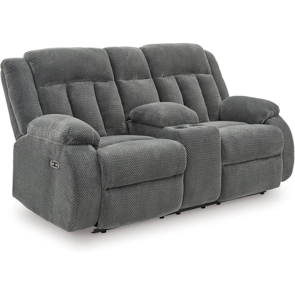 imageSignature Design by Ashley Free Wake Modern Power Reclining Loveseat with Console USB Charging Port Storage and 2 Cup Holders Gray