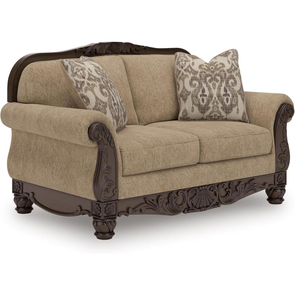 imageSignature Design by Ashley Havenworth Classic Anti Sag Loveseat with Reversible Seat Cushion and 2 Accent Pillows Beige amp Dark Brown
