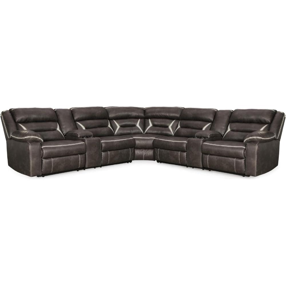 imageSignature Design by Ashley Kincord Contemporary Faux Leather 2Piece Power Reclining Sectional Sofa with USB Charging Ports Console Cup Holders and Storage Dark BrownSymmetrical