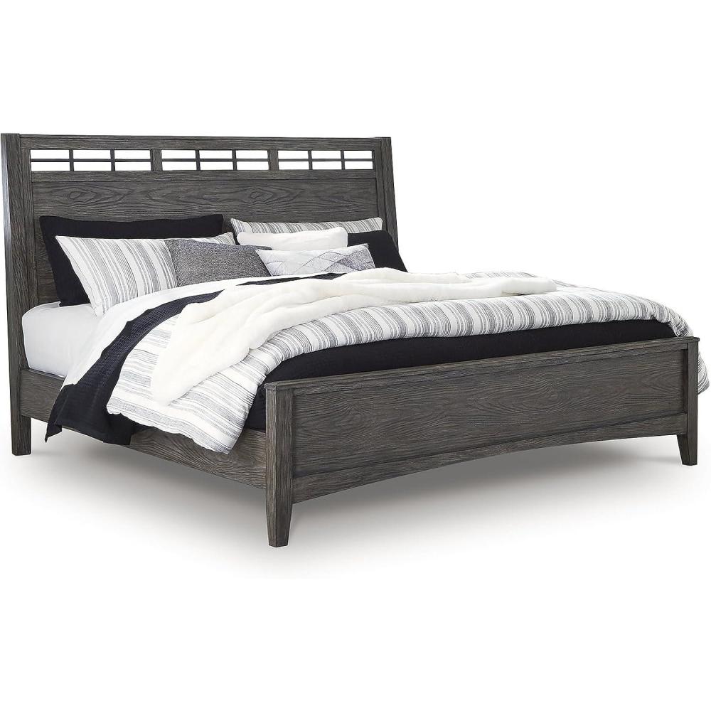imageSignature Design by Ashley Montillan Contemporary King Panel Bed with LayBack Headboard Foundation or Box Spring Needed Dark BrownKing Panel Bed