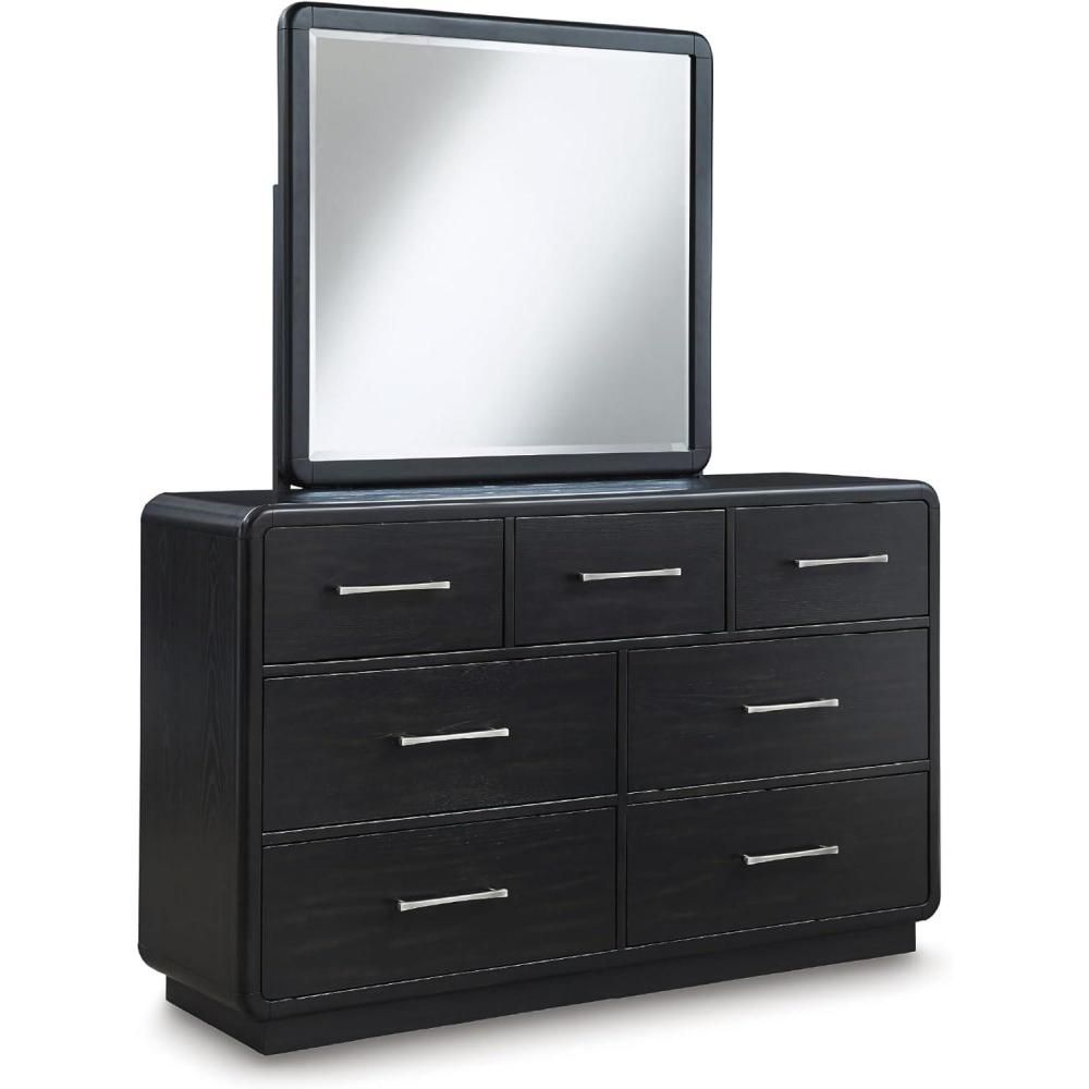 imageSignature Design by Ashley Rowanbeck Contemporary Queen Upholstered Panel Bed with Waterfall Edges Foundation or Box Spring Needed Black amp GrayDresser and Mirror