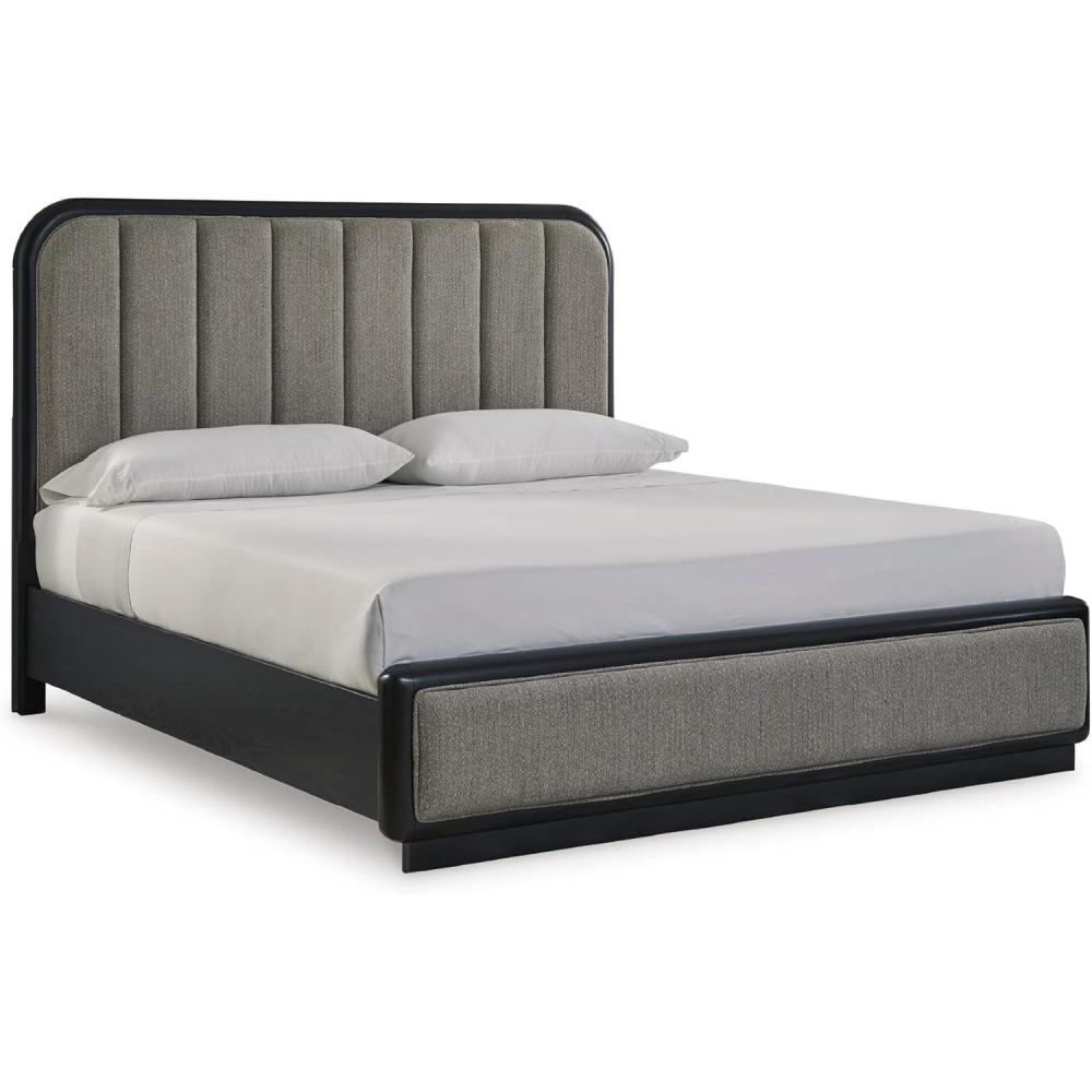 imageSignature Design by Ashley Rowanbeck Contemporary Queen Upholstered Panel Bed with Waterfall Edges Foundation or Box Spring Needed Black amp GrayKing Upholstered Panel Bed