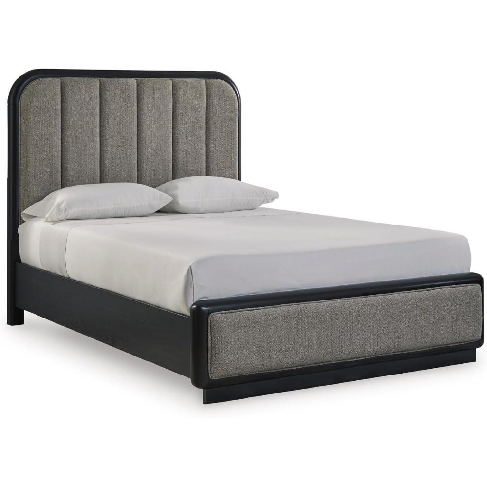 imageSignature Design by Ashley Rowanbeck Contemporary Queen Upholstered Panel Bed with Waterfall Edges Foundation or Box Spring Needed Black amp GrayQueen Upholstered Panel Bed