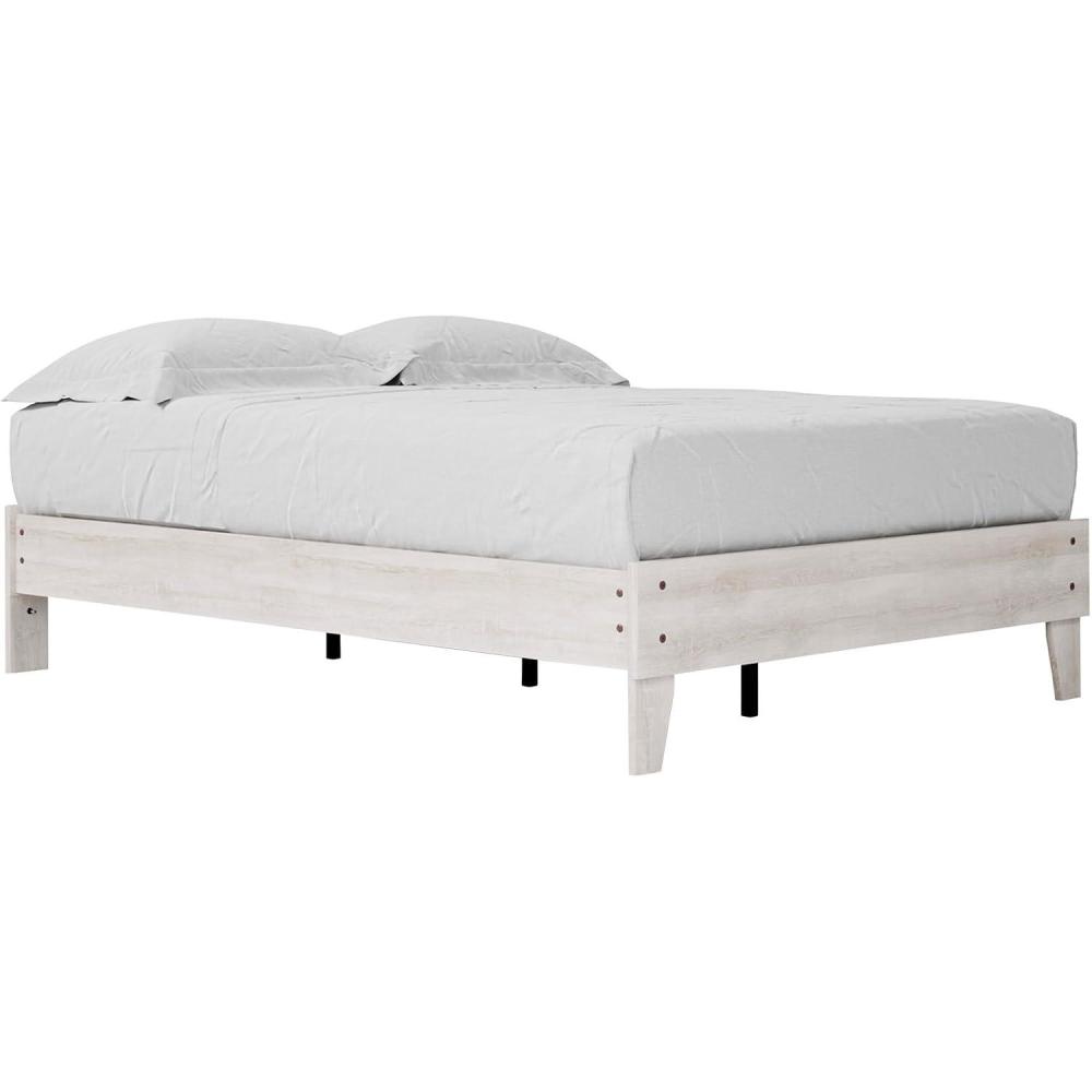 imageSignature Design by Ashley Socalle Contemporary Panel Platform Bed Foundation or Box Spring Not Needed Queen BeigeWhitewash