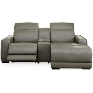 Signature Design by Ashley Correze Contemporary Leather Match 3-Piece Power Reclining Sectional Loveseat with Adjustable Headrest, USB Ports, Console, Storage and 2 Cup Holders, Light Gray(3-Piece Power Reclining Sectional with Chaise)