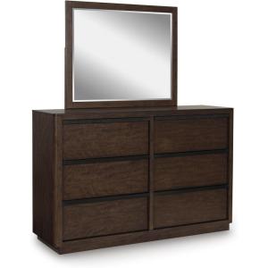 Signature Design by Ashley Kendamor Modern Canopy Bed with Upholstered Headboard and Nailhead Accents, Foundation or Box Spring Needed, Queen, Dark Brown(Dresser and Mirror)