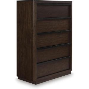 Signature Design by Ashley Kendamor Modern Canopy Bed with Upholstered Headboard and Nailhead Accents, Foundation or Box Spring Needed, Queen, Dark Brown(5 Drawer Chest)