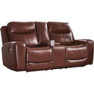 Signature Design by Ashley Mighty Moves Transitional Leather Match Power Reclining Loveseat with Console, Adjustable Headrest, USB Charging Port, Storage and 2 Cup Holders, Dark Brown