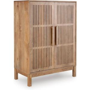 Signature Design by Ashley Pellamour Casual Bar Cabinet with Anti-Tipping and Adjustable Shelf, Light Brown