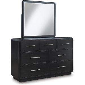 Signature Design by Ashley Rowanbeck Contemporary Queen Upholstered Panel Bed with Waterfall Edges, Foundation or Box Spring Needed, Black & Gray(Dresser and Mirror)