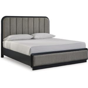 Signature Design by Ashley Rowanbeck Contemporary Queen Upholstered Panel Bed with Waterfall Edges, Foundation or Box Spring Needed, Black & Gray(King Upholstered Panel Bed)
