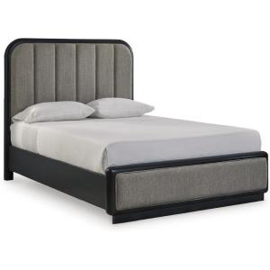 Signature Design by Ashley Rowanbeck Contemporary Queen Upholstered Panel Bed with Waterfall Edges, Foundation or Box Spring Needed, Black & Gray(Queen Upholstered Panel Bed)