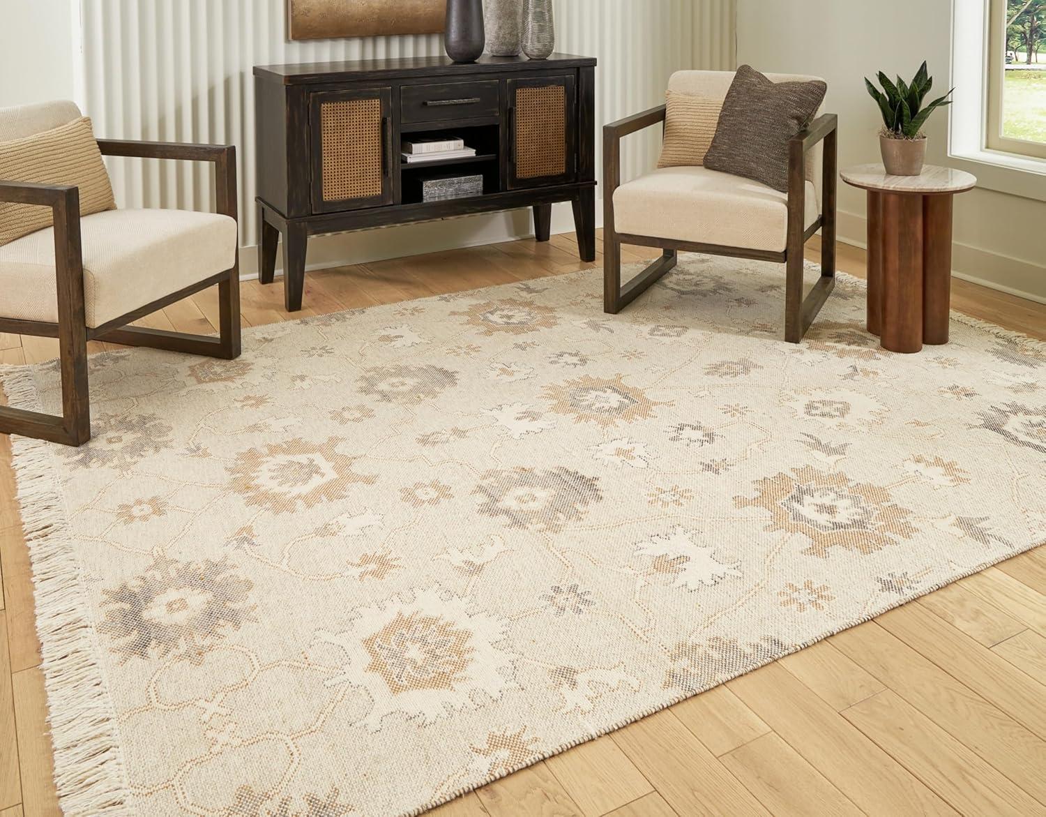 imageSignature Design by Ashley Calkin Vintage Indoor Floral Handmade Wool Blend 5 x 7 Rug with Fringe Design Beige amp Light Brown79 x 105 Rectangular