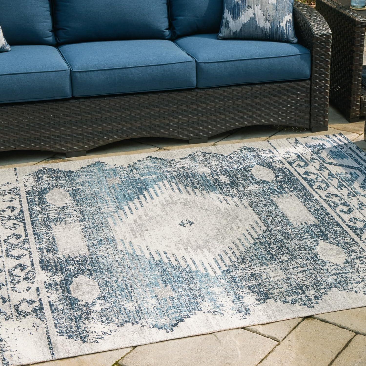 imageSignature Design by Ashley Daddridge Classic IndoorOutdoor Medallion 8 x 10 Rug with Non Slip Backing Blue amp Light Gray