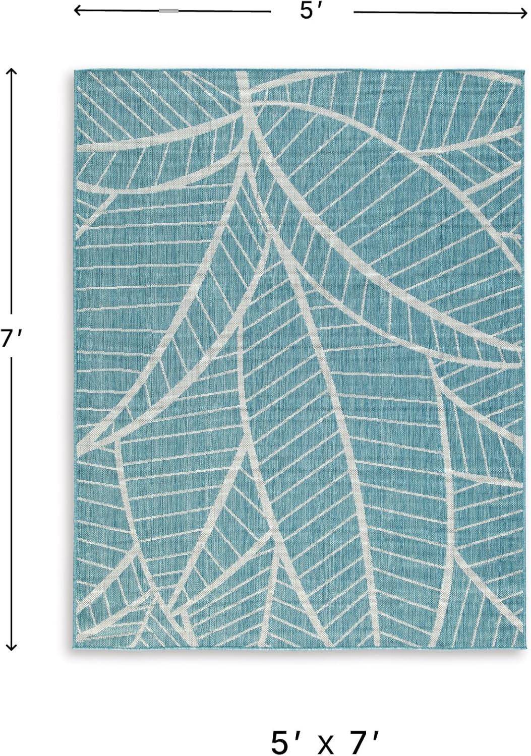 imageSignature Design by Ashley Hulsia Coastal IndoorOutdoor Botanical 5 x 7 Rug with Non Slip Backing Light Blue amp White