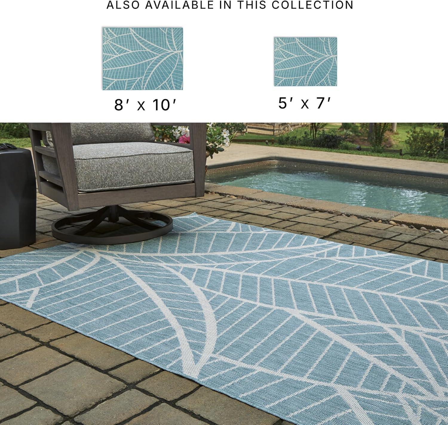 imageSignature Design by Ashley Hulsia Coastal IndoorOutdoor Botanical 5 x 7 Rug with Non Slip Backing Light Blue amp White