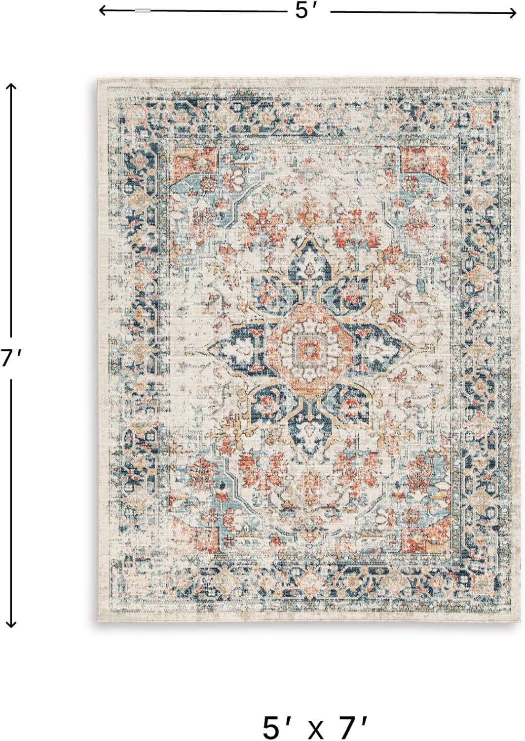 imageSignature Design by Ashley Jarrpage Classic IndoorOutdoor Medallion 5 x 7 Rug with Non Slip Backing Blue amp Orange