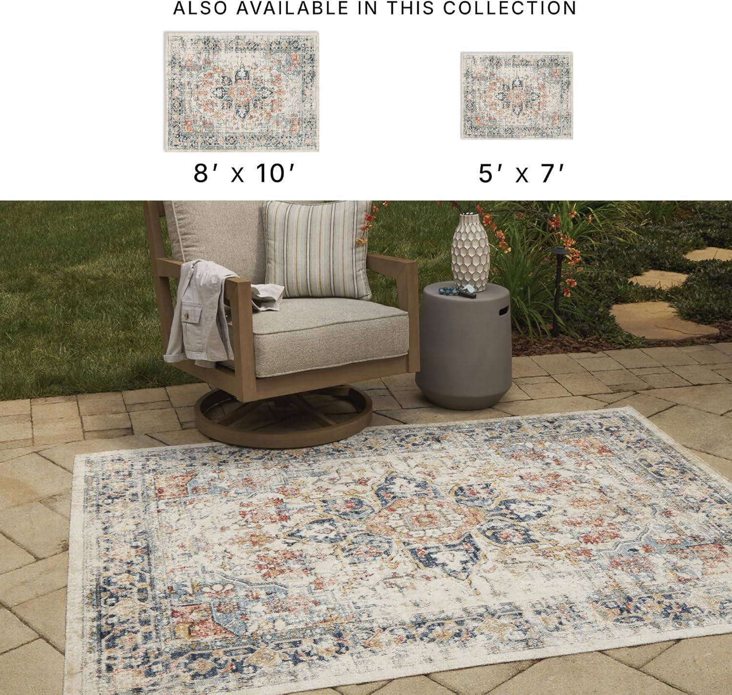 imageSignature Design by Ashley Jarrpage Classic IndoorOutdoor Medallion 8 x 10 Rug with Non Slip Backing Blue amp Orange