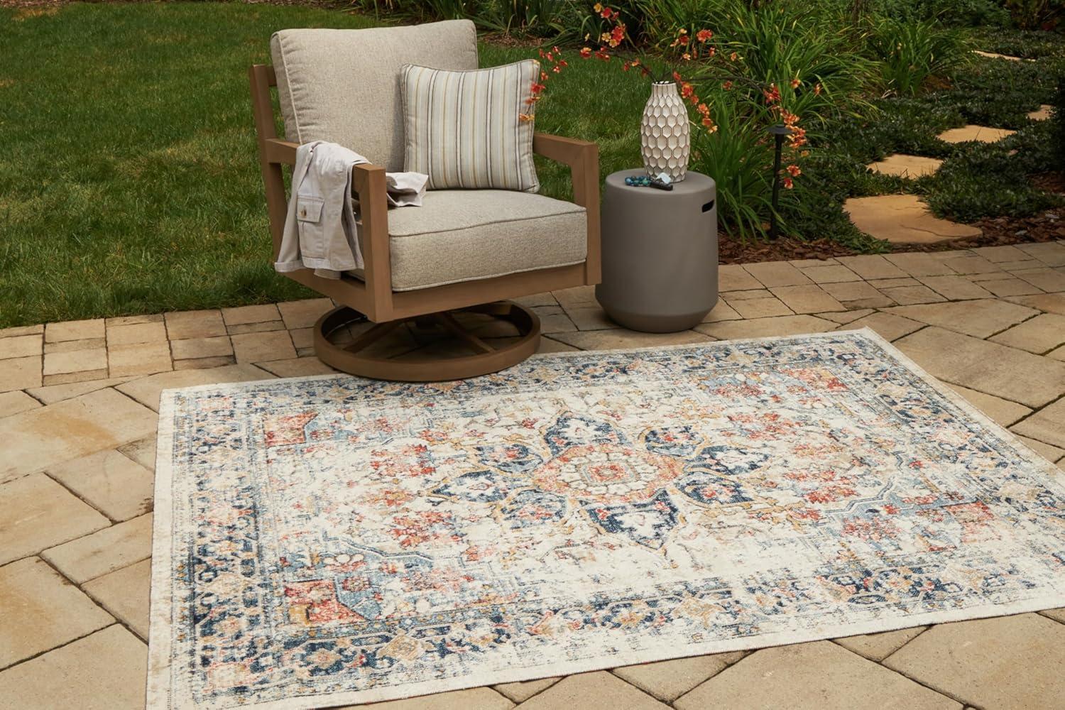imageSignature Design by Ashley Jarrpage Classic IndoorOutdoor Medallion 8 x 10 Rug with Non Slip Backing Blue amp Orange