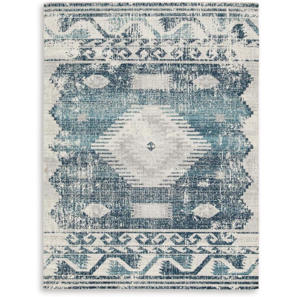 imageSignature Design by Ashley Daddridge Classic IndoorOutdoor Medallion 8 x 10 Rug with Non Slip Backing Blue amp Light Gray