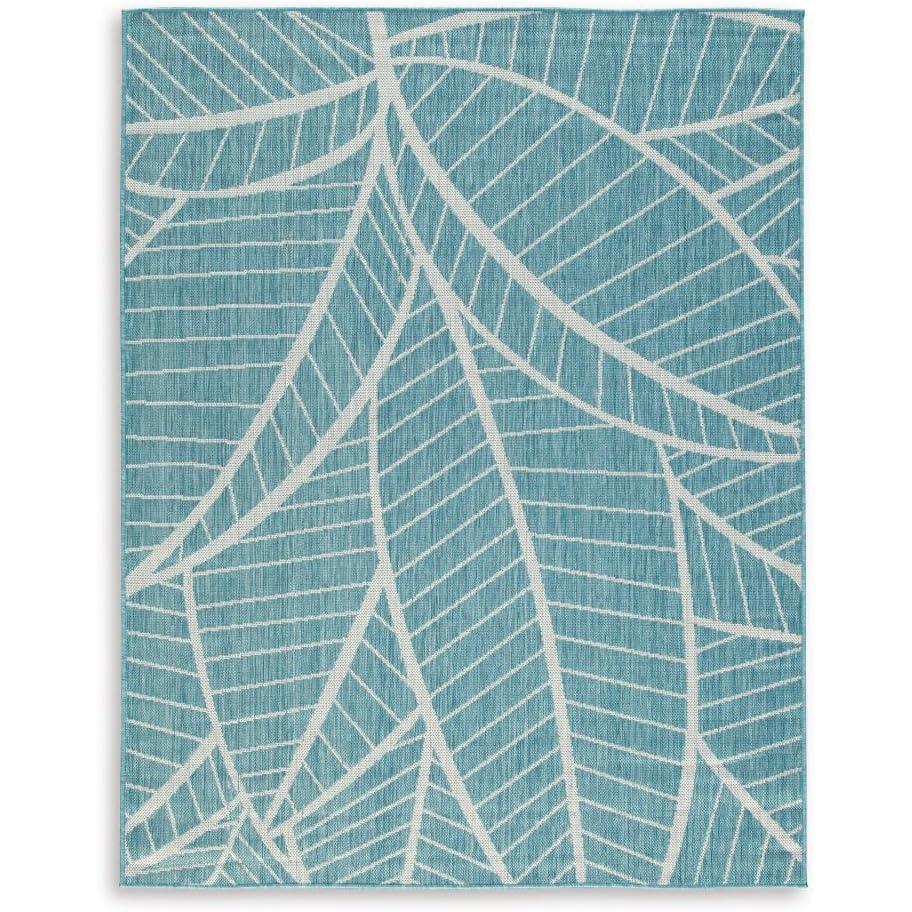 imageSignature Design by Ashley Hulsia Coastal IndoorOutdoor Botanical 5 x 7 Rug with Non Slip Backing Light Blue amp White