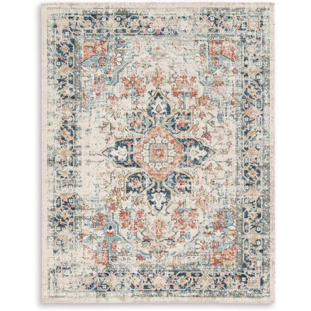 imageSignature Design by Ashley Jarrpage Classic IndoorOutdoor Medallion 5 x 7 Rug with Non Slip Backing Blue amp Orange