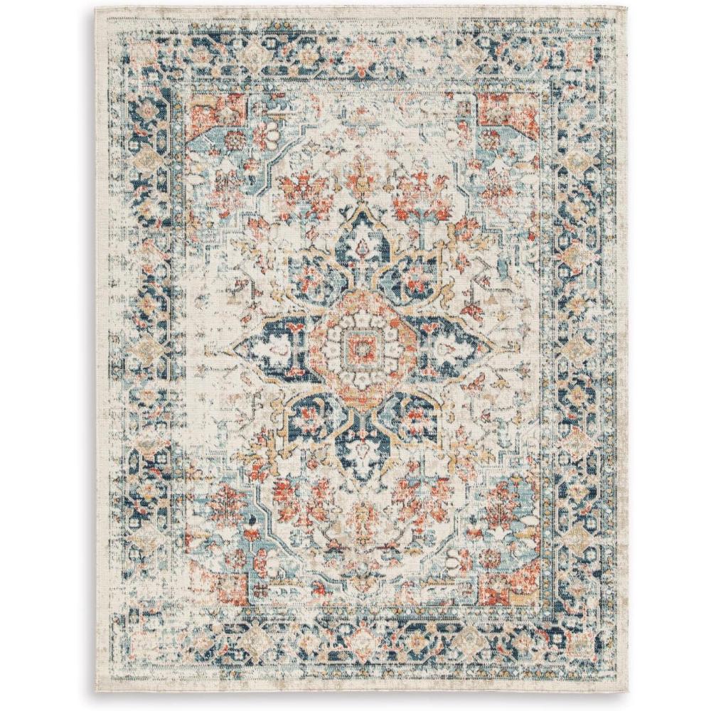 imageSignature Design by Ashley Jarrpage Classic IndoorOutdoor Medallion 8 x 10 Rug with Non Slip Backing Blue amp Orange