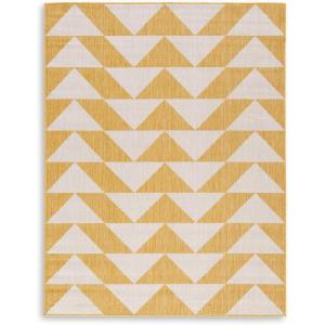 Signature Design by Ashley Thomley Casual Indoor/Outdoor Geometric 8 x 10 Rug with Non Slip Backing, Yellow & White(5’3″ x 6’11” (Rectangular))