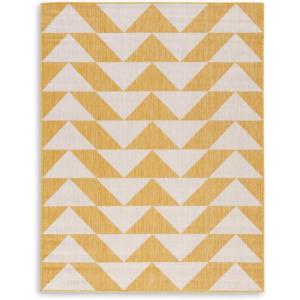 Signature Design by Ashley Thomley Casual Indoor/Outdoor Geometric 8 x 10 Rug with Non Slip Backing, Yellow & White(7’9″ x 9’11” (Rectangular))