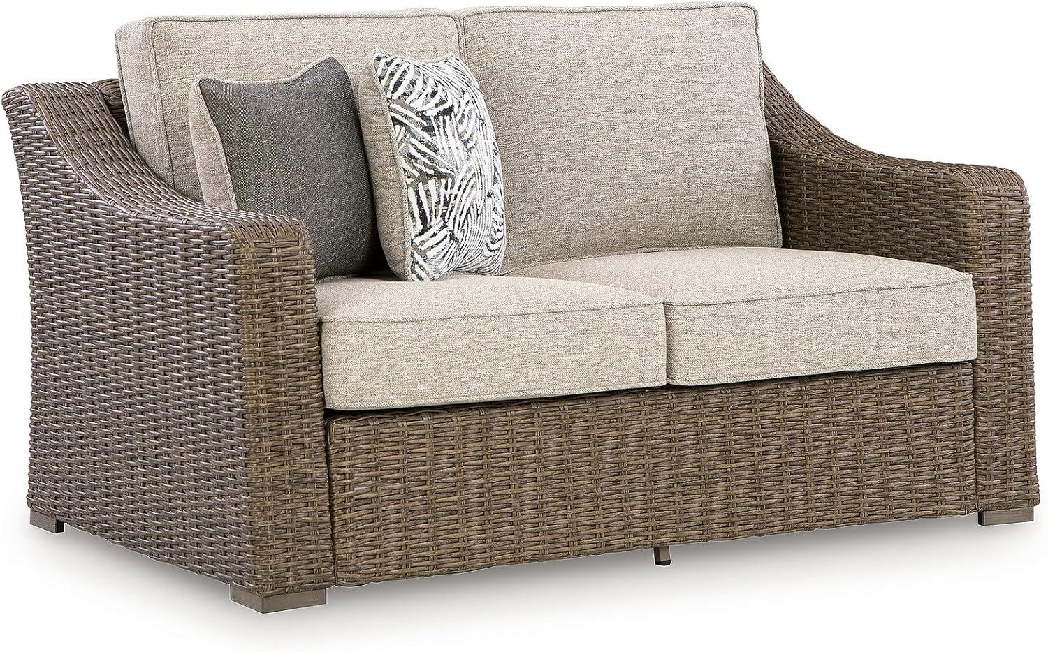 imageSignature Design by Ashley Carmel Bay Casual Outdoor Loveseat with Cushion Weather Resistance and Armrest Beige amp Dark Brown