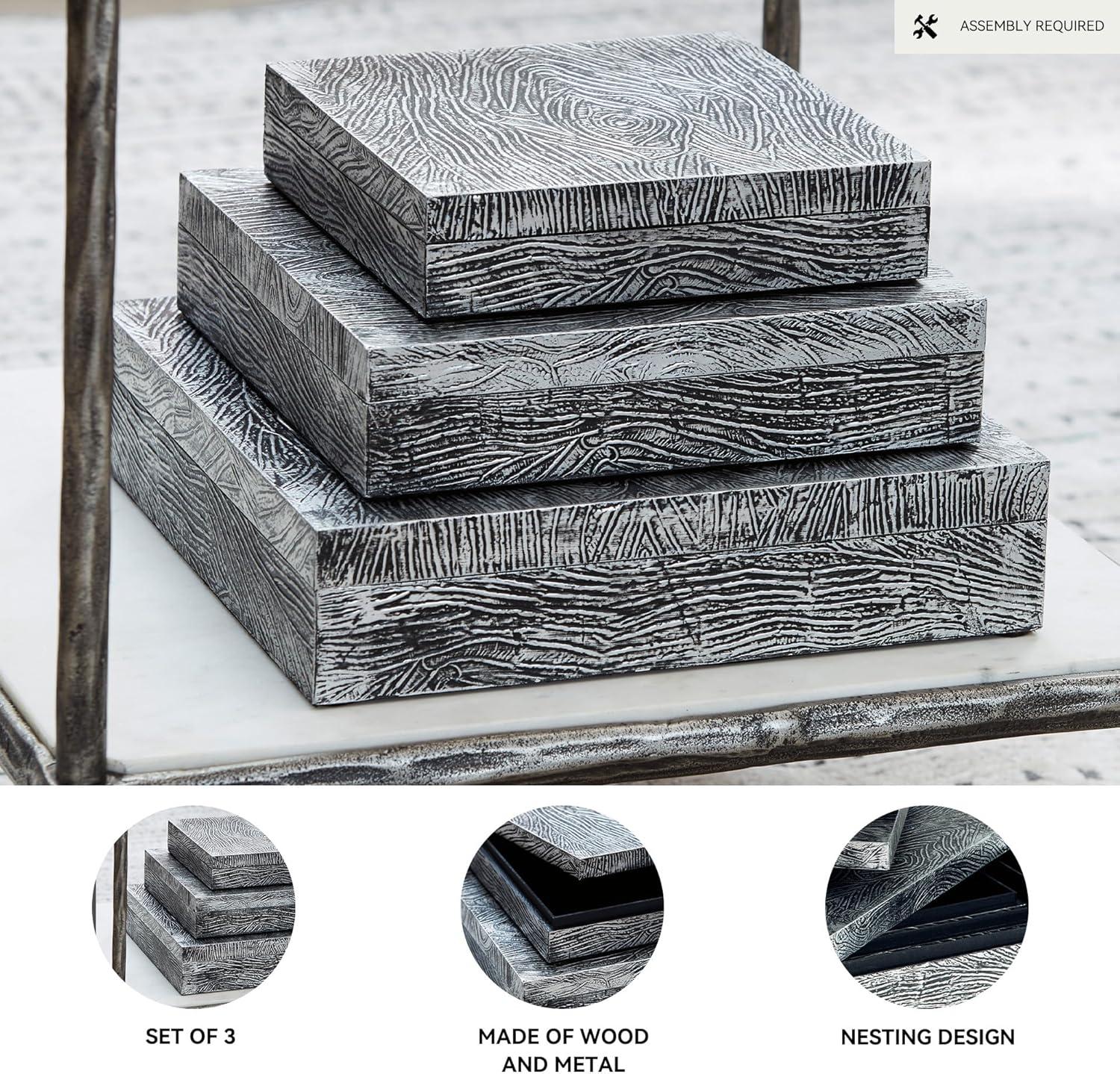 imageSignature Design by Ashley Keldy Modern 3 Piece Metal amp Wood Storage Box Set Antique GrayPewter